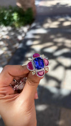 18k White Gold Diamond Cocktail Ring - Natural Tanzanite & Mozambique Ruby Handmade Ring
