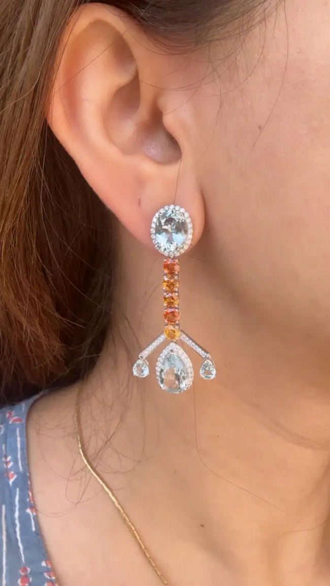18k White Gold Diamond Handmade Earrings - Natural Aquamarine & Yellow Sapphire Dangle Earrings Main Image