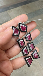 18k White Gold Diamond Dangle Women Earrings - Natural Mozambique Ruby & Black Onyx Statement Earrings