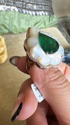 Natural Zambian Emerald & Mother of Pearl Cocktail Ring - 18k Yellow Gold Diamond Wedding Ring