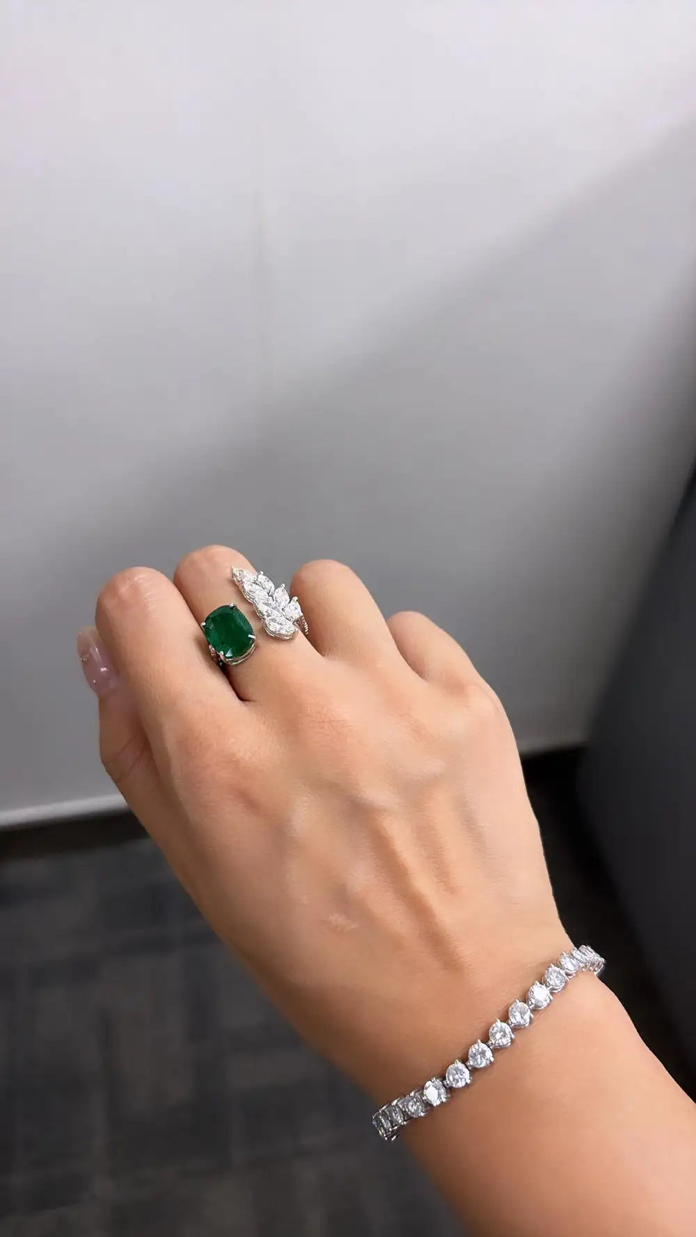 18k White Gold Handmade Bridal Ring - Natural Zambian Emerald & Diamond Ring