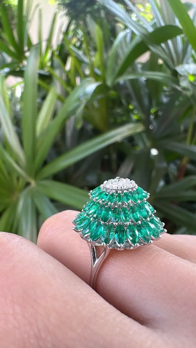 4.51 Ct. Zambian Emerald Wedding Ring - 18k White Gold Diamond Cluster Ring Main Image