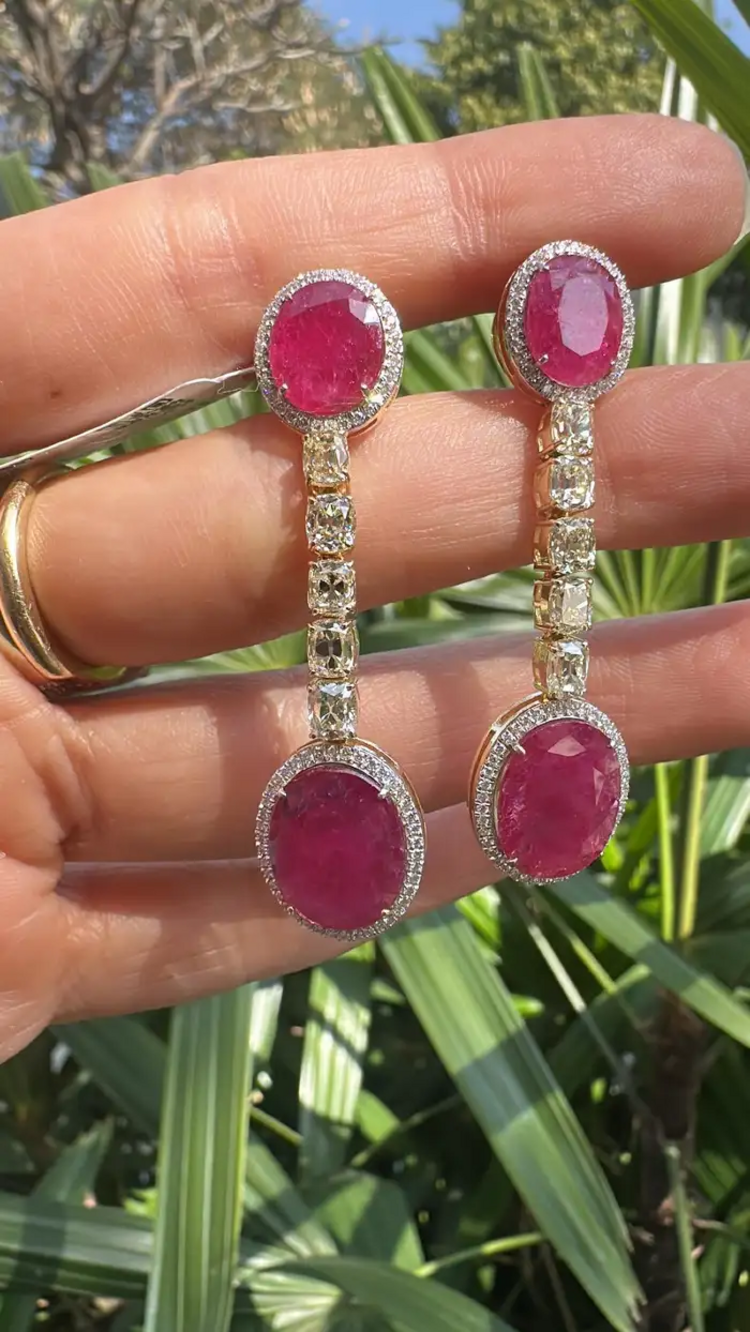 Natural Mozambique Ruby Dangle Earrings - 18k White Gold Yellow Diamond Dangle Earrings