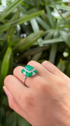 Natural Emerald Gemstone & Green Enamel Cocktail Ring - 18k White Gold Diamond Ring