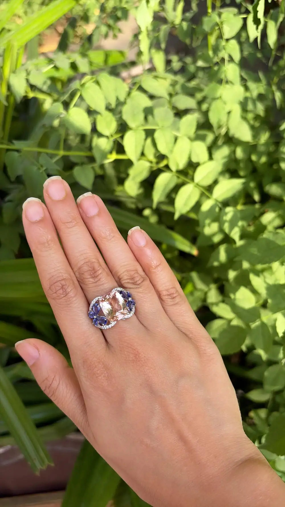 18k White Gold Diamond Ring - Natural Morganite & Tanzanite Gemstone Cocktail Ring