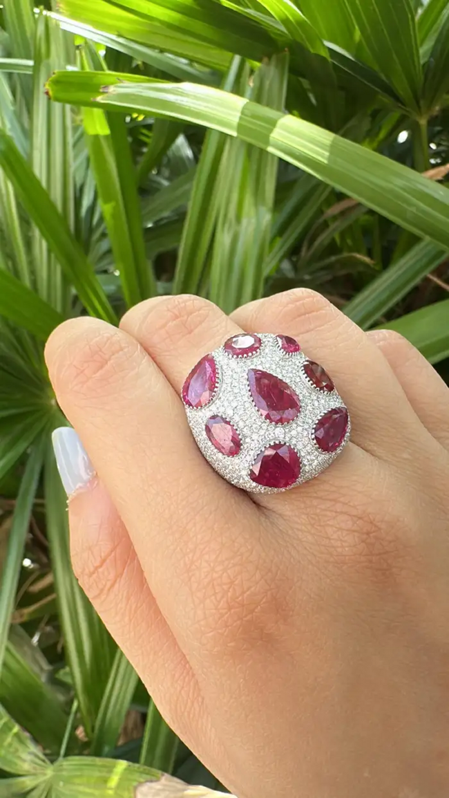 Natural Mozambique Ruby & Diamond Dome Ring - 18k White Gold Handmade Statement Ring Main Image