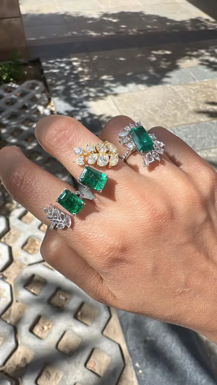 Natural Zambian Emerald Cuff Ring - 18k White Gold Rose Cut Diamond Wedding Ring