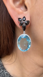 52.67 Ct. Blue Topaz & Black Onyx Gemstone Dangle Earrings - 18k White Gold Diamond Earrings