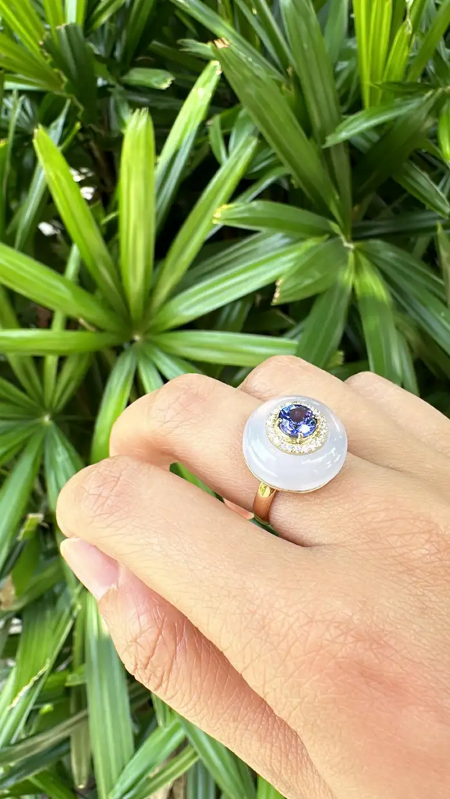 Natural Tanzanite & Chalcedony Gold Ring - 18k Yellow Gold Diamond Cocktail Ring Main Image