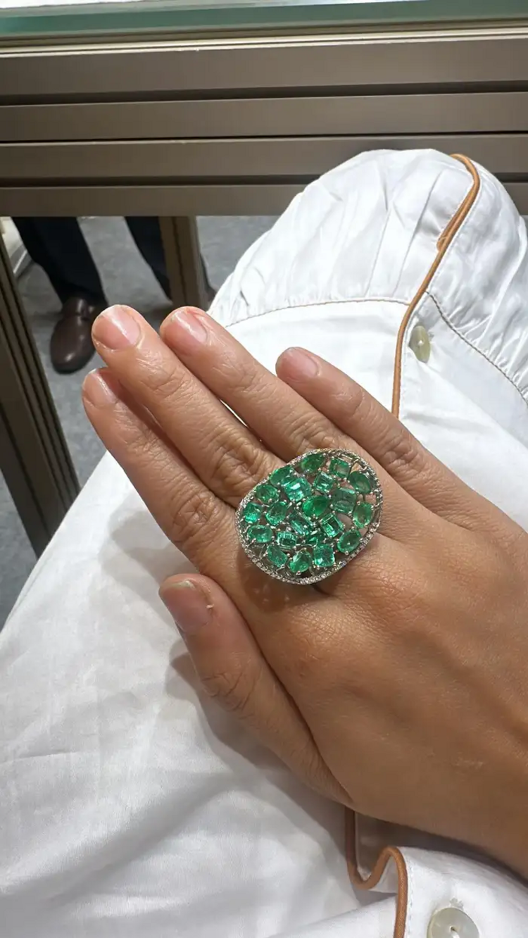 Solid 18k White Gold Diamond Ring - Natural Zambian Emerald Statement Ring