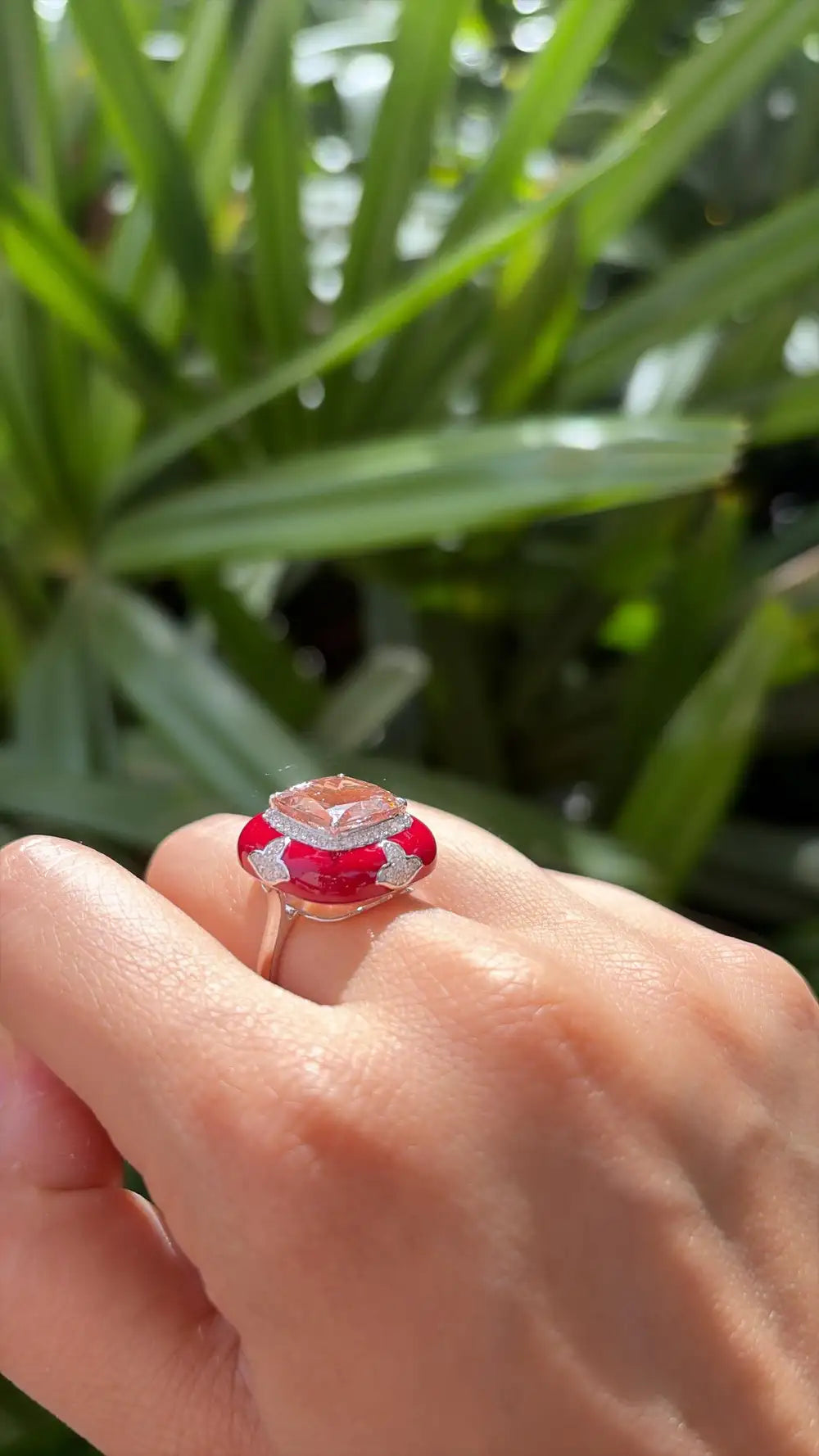 18k White Gold Diamond Cocktail Ring - Natural Morganite & Red Enamel Anniversary Ring