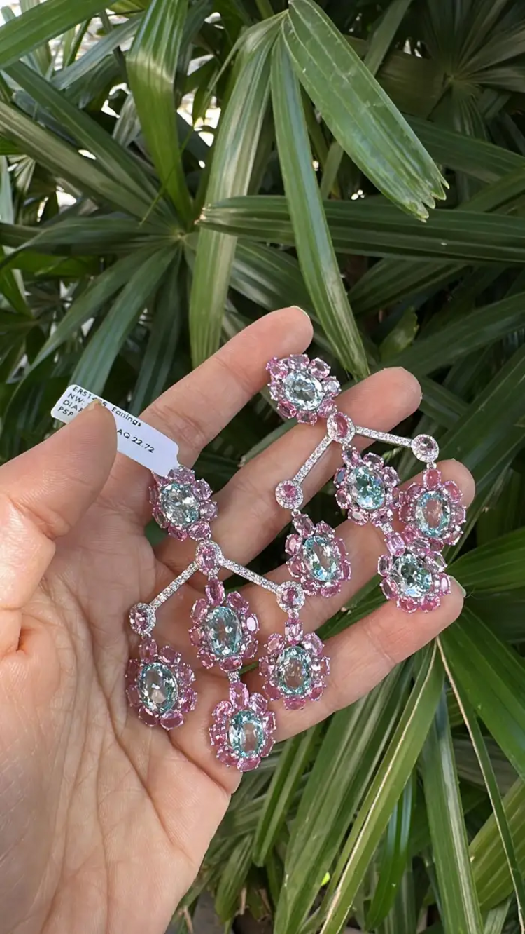 Natural Aquamarine & Pink Sapphire Dangle Earrings - 18k White Gold Diamond Chandelier Earrings