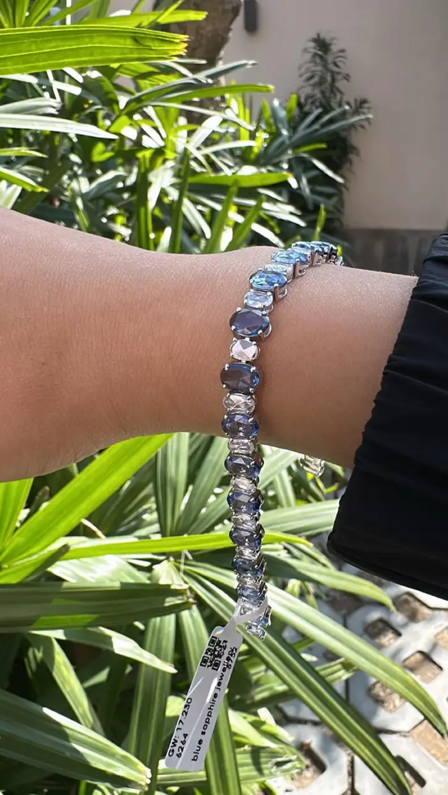 Natural Blue Sapphire & Rose Cut Diamond Bracelet - 18k White Gold Handmade Tennis Bracelet Main Image
