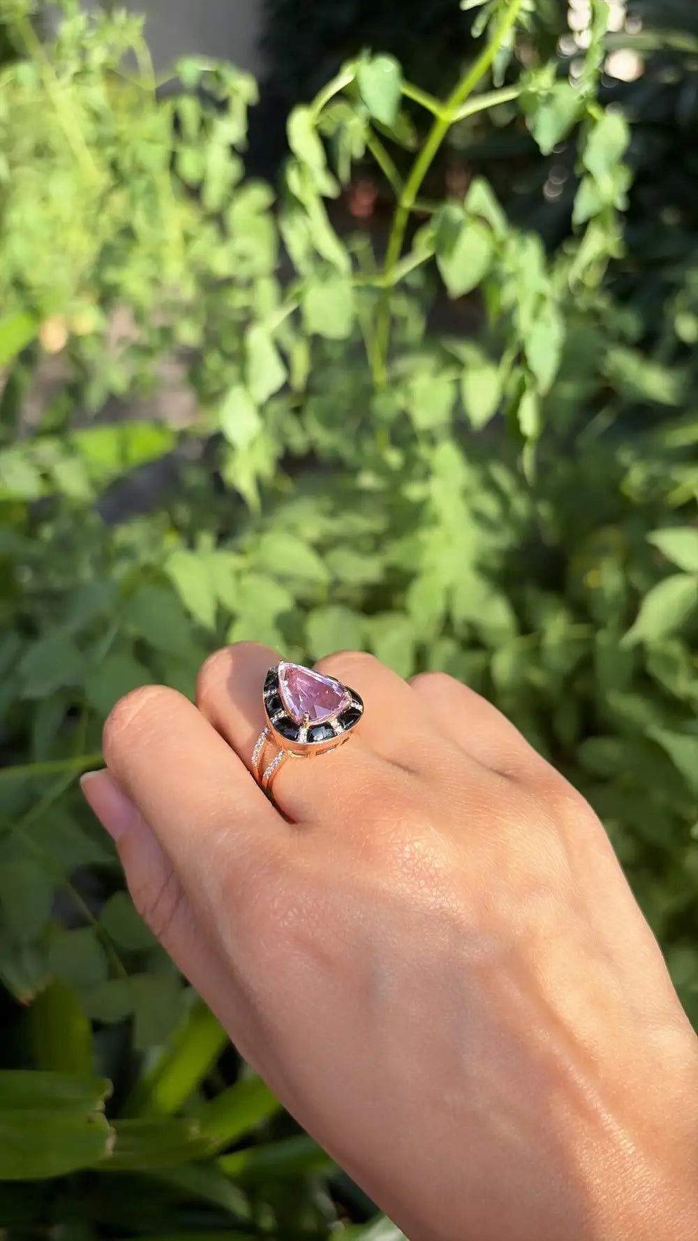 Natural Kunzite & Black Onyx Cocktail Ring - 18k Rose Gold Diamond Handmade Ring