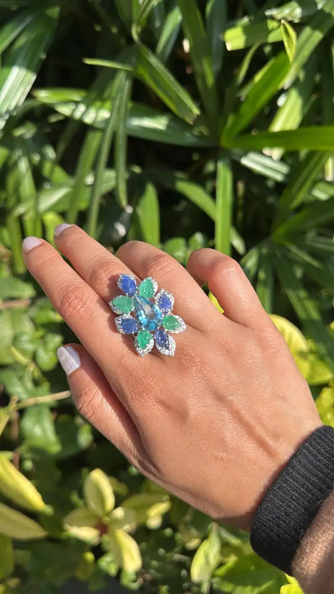 Aquamarine, Blue Sapphires, Emeralds & Diamonds Cocktail Ring - 18k White Gold Diamond Statement Ring Main Image