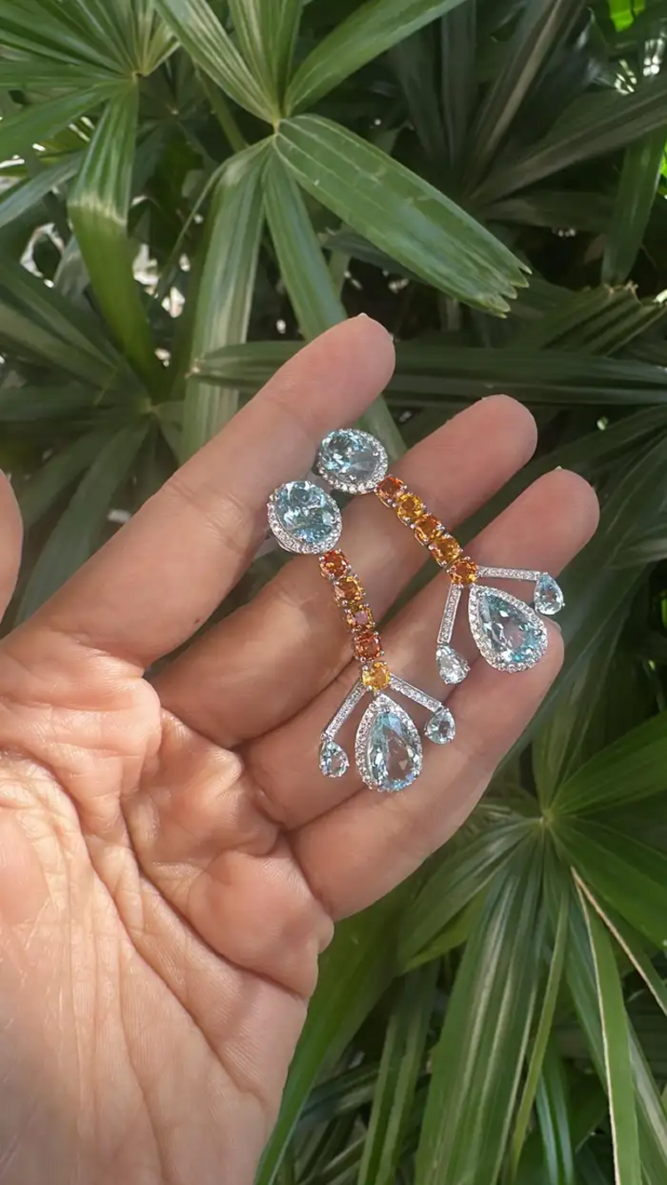18k White Gold Diamond Handmade Earrings - Natural Aquamarine & Yellow Sapphire Dangle Earrings