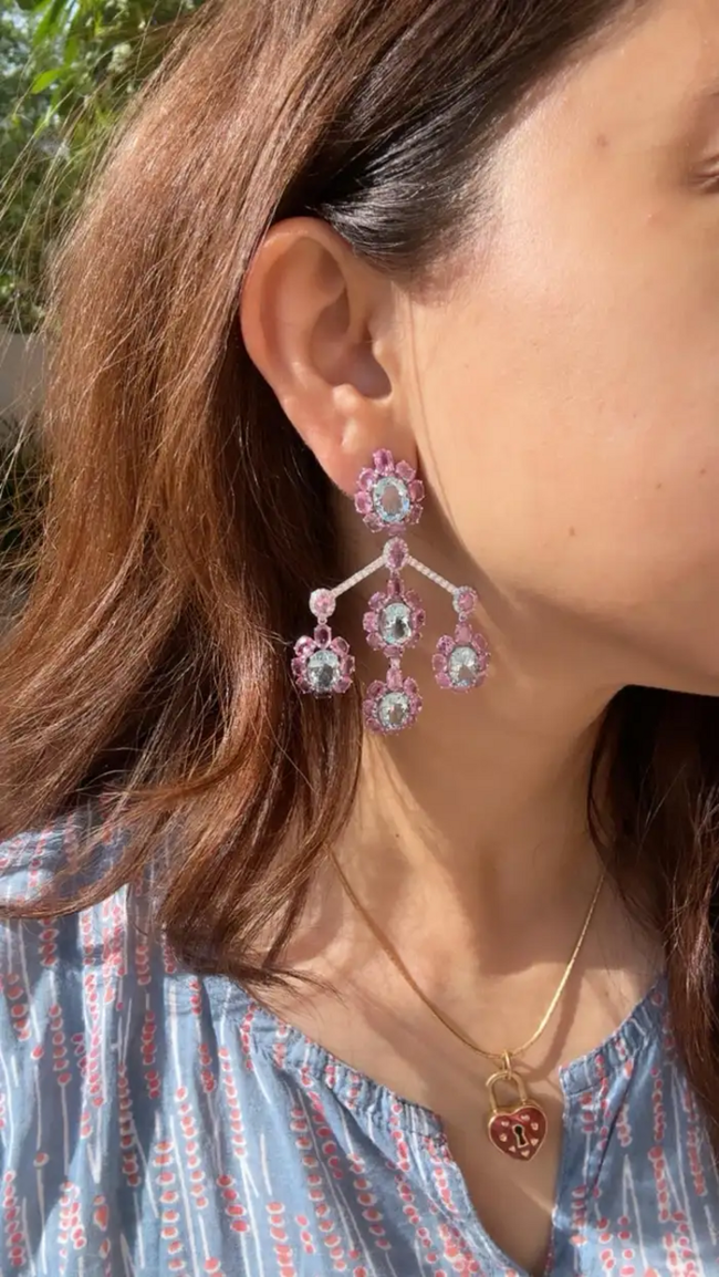 Natural Aquamarine & Pink Sapphire Dangle Earrings - 18k White Gold Diamond Chandelier Earrings Main Image