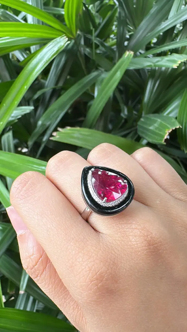 18k White Gold Diamond Cocktail Ring - Natural Rubellite & Black Onyx Ring Main Image
