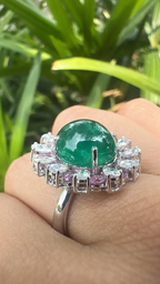Solid 18k White Gold Handmade Cocktail Ring - Natural Zambian Emerald & Pink Sapphire Ring