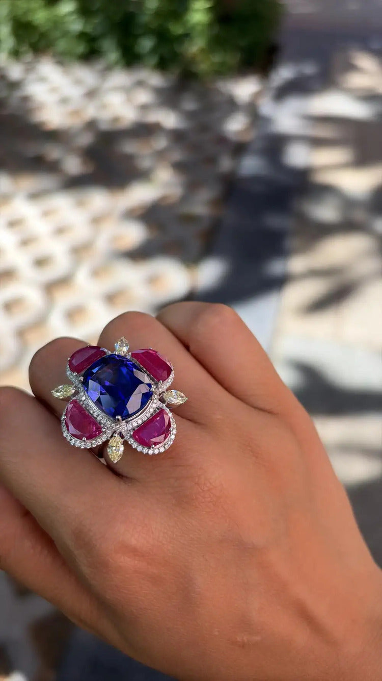 18k White Gold Diamond Cocktail Ring - Natural Tanzanite & Mozambique Ruby Handmade Ring