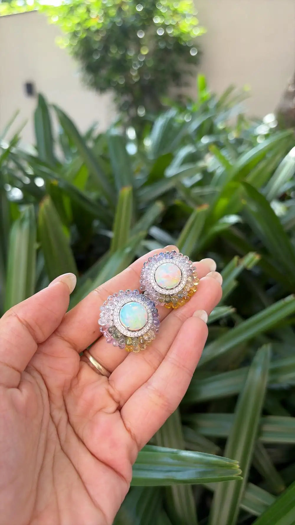 18k White Gold Diamond Stud Earrings - Natural Ethiopian Opal & Multi Sapphire Briolette Stud Earrings