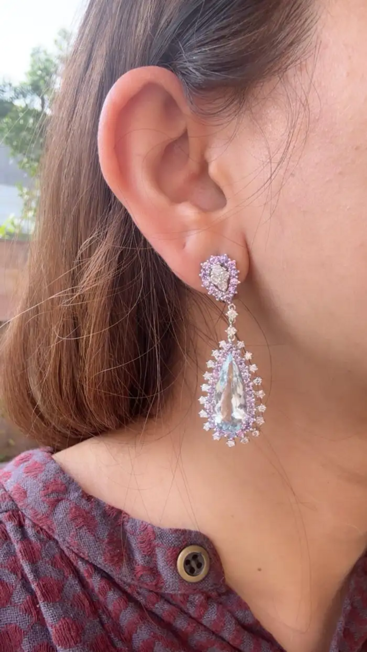 Natural Aquamarine & Purple Sapphire Dangle Earrings - 18k White Gold Diamond Drop Dangle Earrings