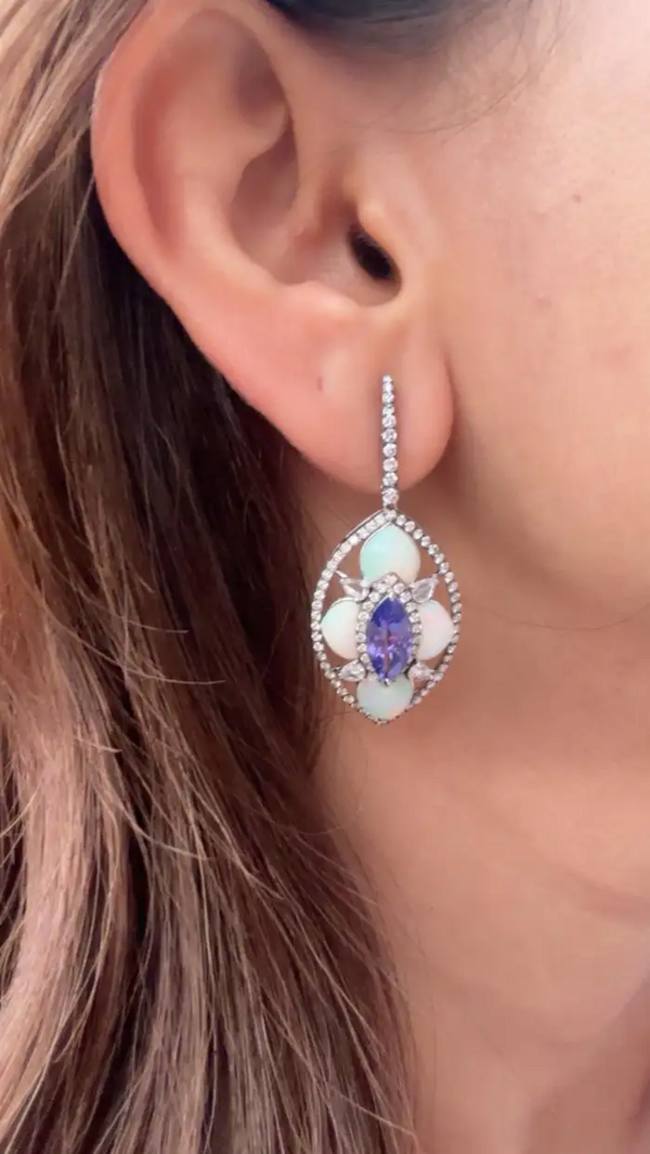 Natural Tanzanite & Ethiopian Opal Earrings - 18k White Gold Diamond Dangle Earrings Main Image