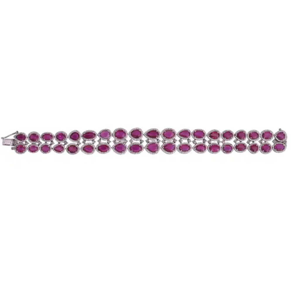 Natural Mozambique Ruby Women Bracelet - 18k White Gold Diamond Handmade Bracelet
