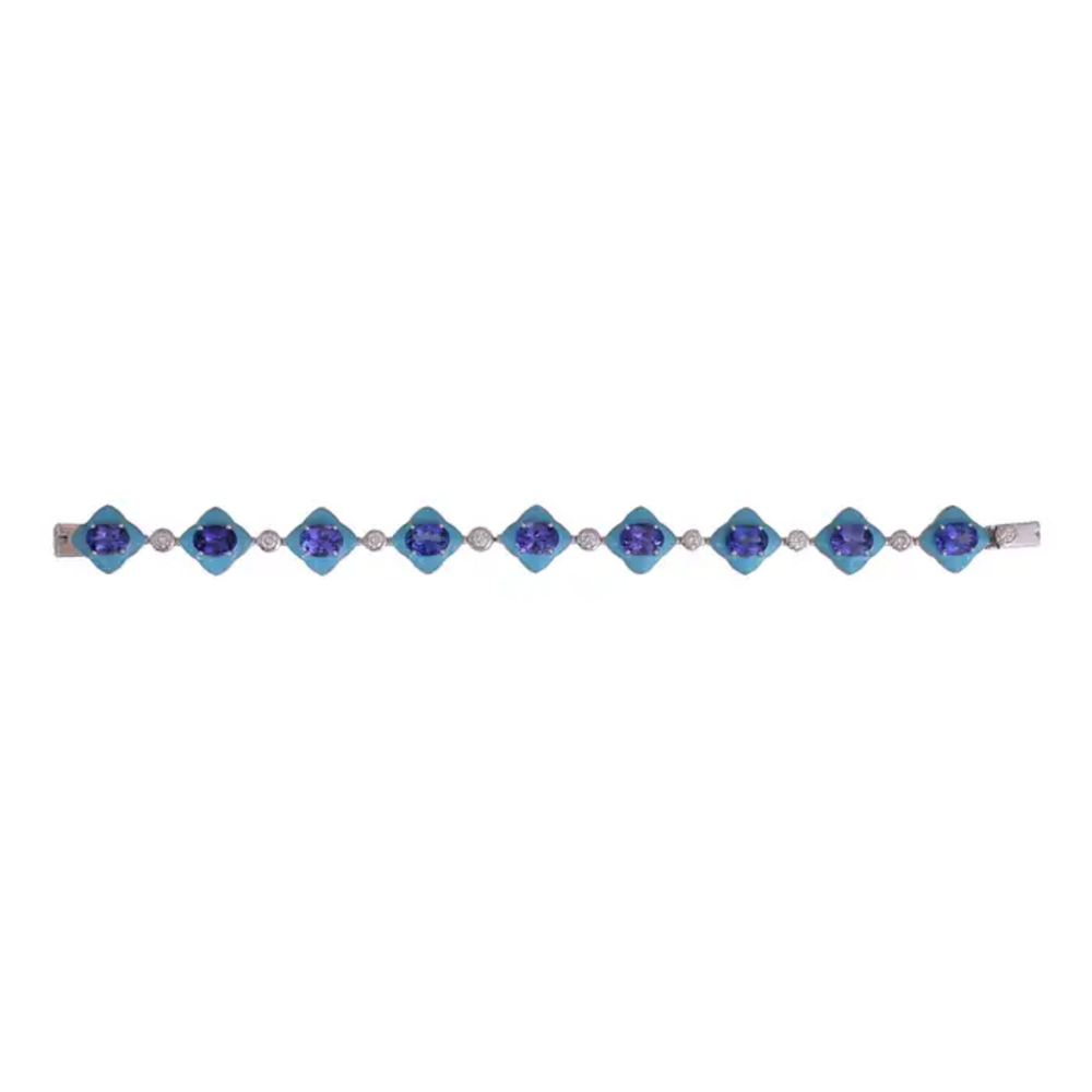 Natural Tanzanite & Turquoise Enamel Bracelet - 18k White Gold Diamond Bracelet
