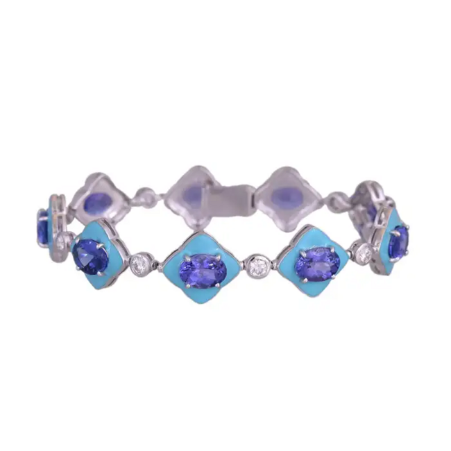 Natural Tanzanite & Turquoise Enamel Bracelet - 18k White Gold Diamond Bracelet Hover Image