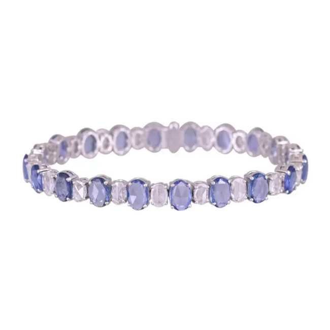 Natural Blue Sapphire & Rose Cut Diamond Bracelet - 18k White Gold Handmade Tennis Bracelet Hover Image