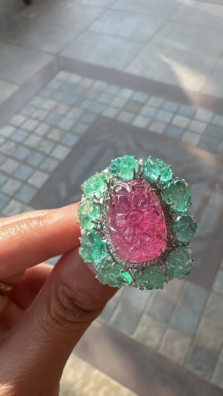 Carved Tourmaline, Emeralds & Diamonds Cocktail Ring - 18k White Gold Handmade Ring