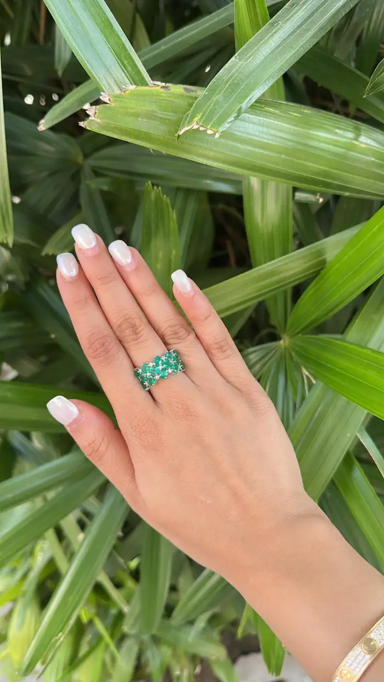 Natural Zambian Emerald & Diamond Band Ring - 18k White Gold Engagement Ring