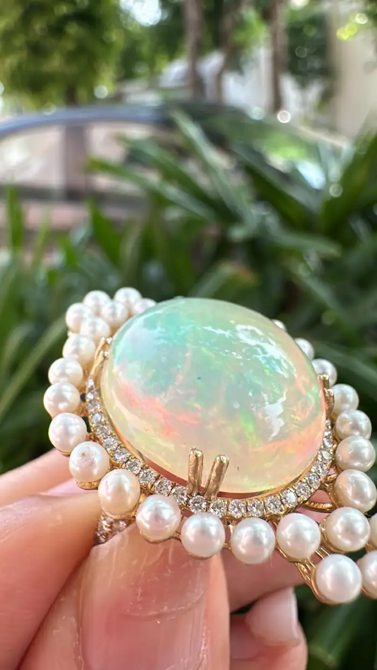 Ethiopian Opal & Freshwater Pearls Cocktail Ring - 18k Rose Gold Diamond Ring - Handmade Gold Diamond Ring