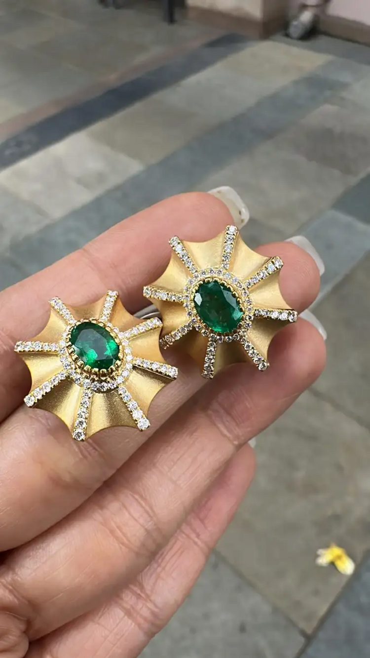 18k Yellow Matte Gold Stud Earrings - Natural Zambian Emerald & Diamond Earrings