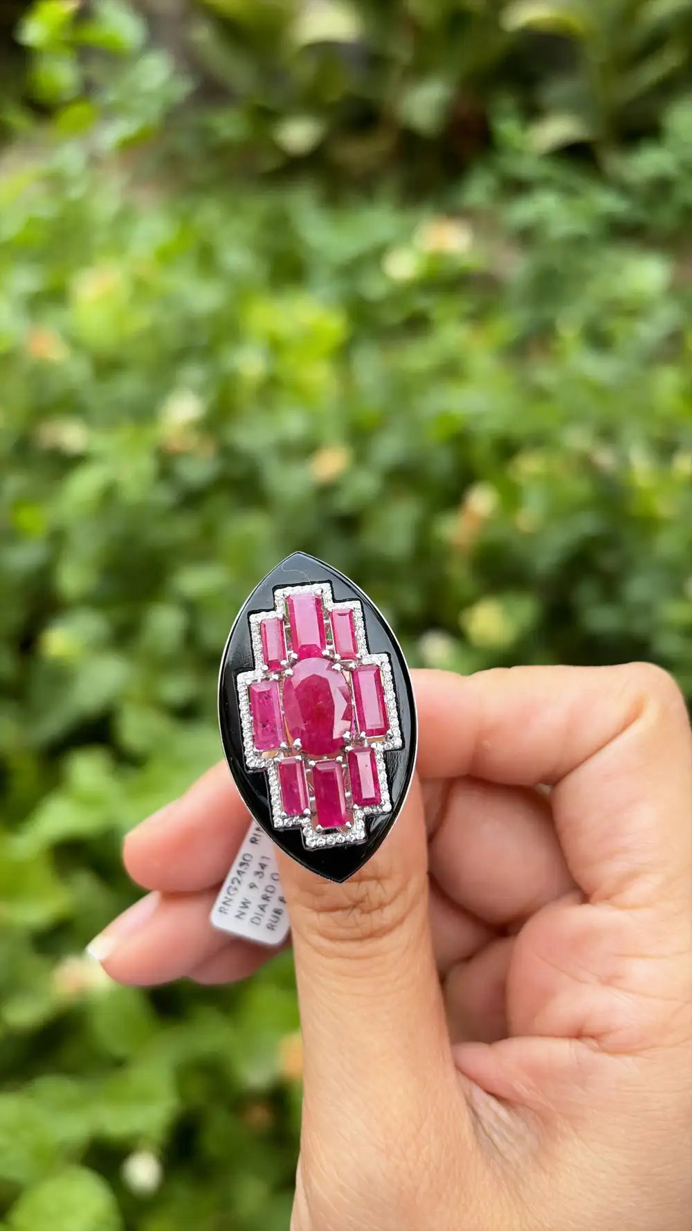 Natural Mozambique Ruby & Black Onyx Gemstone Ring - 18k White Gold Diamond Cocktail Ring