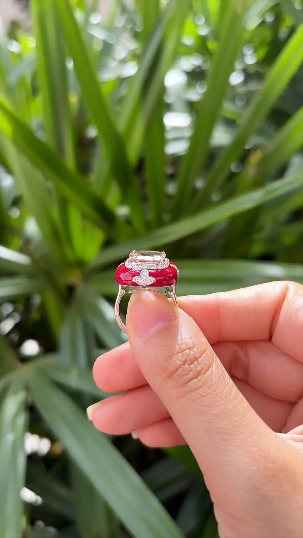 18k White Gold Diamond Cocktail Ring - Natural Morganite & Red Enamel Anniversary Ring