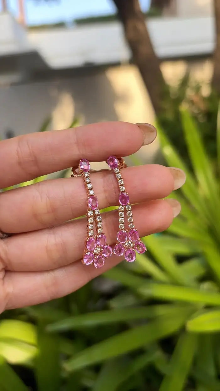 18k Rose Gold Diamond Handmade Earrings - Natural Pink Sapphire Dangle Earrings