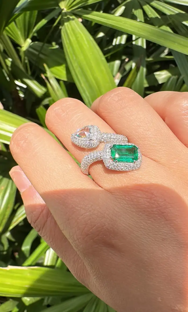 Zambian Emerald & Rose Cut Diamond Ring - 18k White Gold Handmade Wedding Ring Main Image
