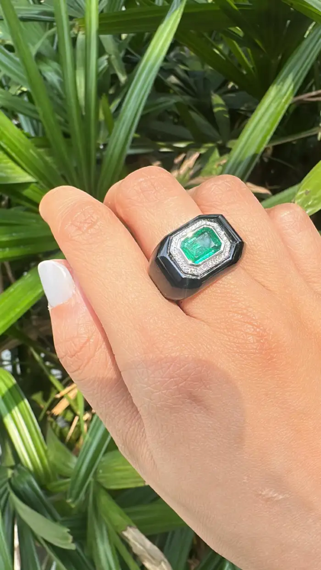 18k White Gold Diamond Ring - Natural Zambian Emerald & Black Onyx Wedding Ring Main Image
