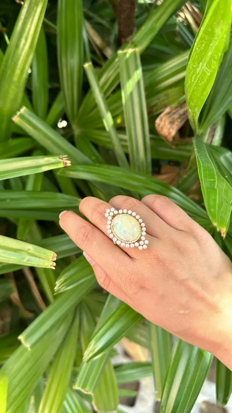 Ethiopian Opal & Freshwater Pearls Cocktail Ring - 18k Rose Gold Diamond Ring - Handmade Gold Diamond Ring