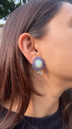 Natural Tanzanite & Ethiopian Opal Stud Earrings - 18k White Gold Rose Cut Diamond Earrings