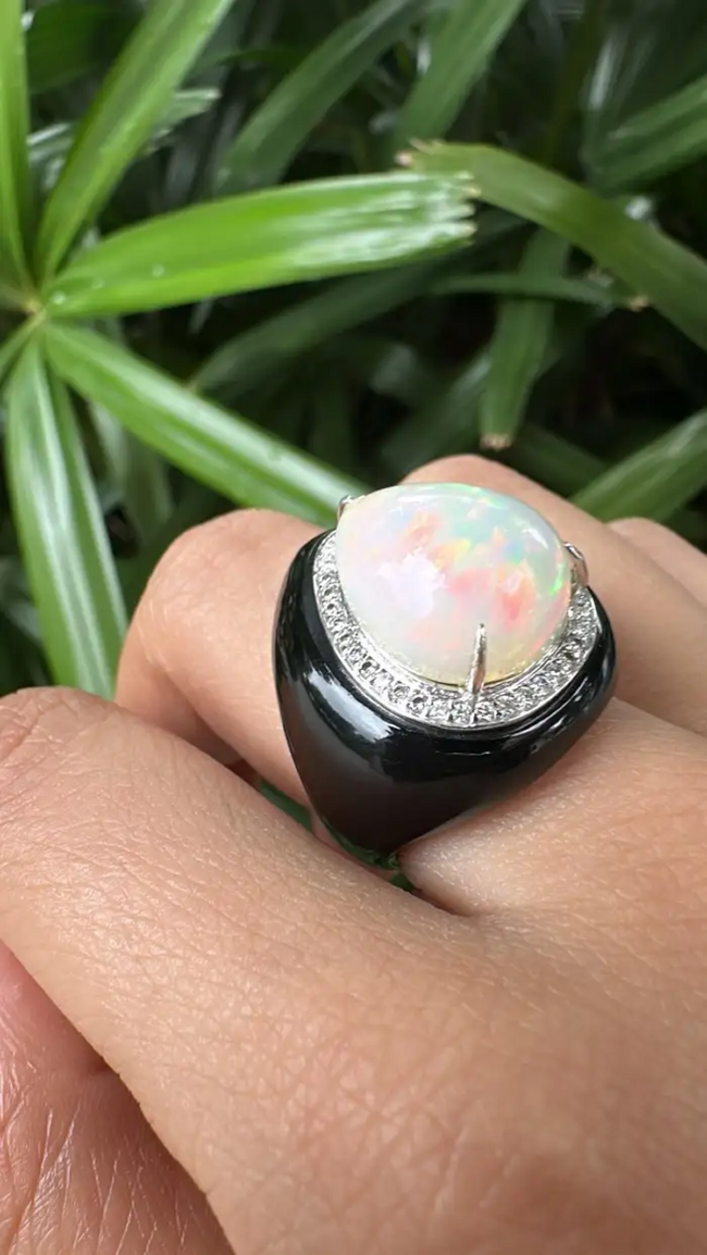18k White Gold Diamond Ring - Natural Black Onyx & Ethiopian Opal Art Deco Style Ring Main Image
