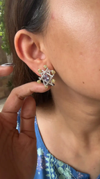 18k White Gold Handmade Stud Earrings With Yellow Diamonds - Natural Blue & Green Sapphire Stud Earrings