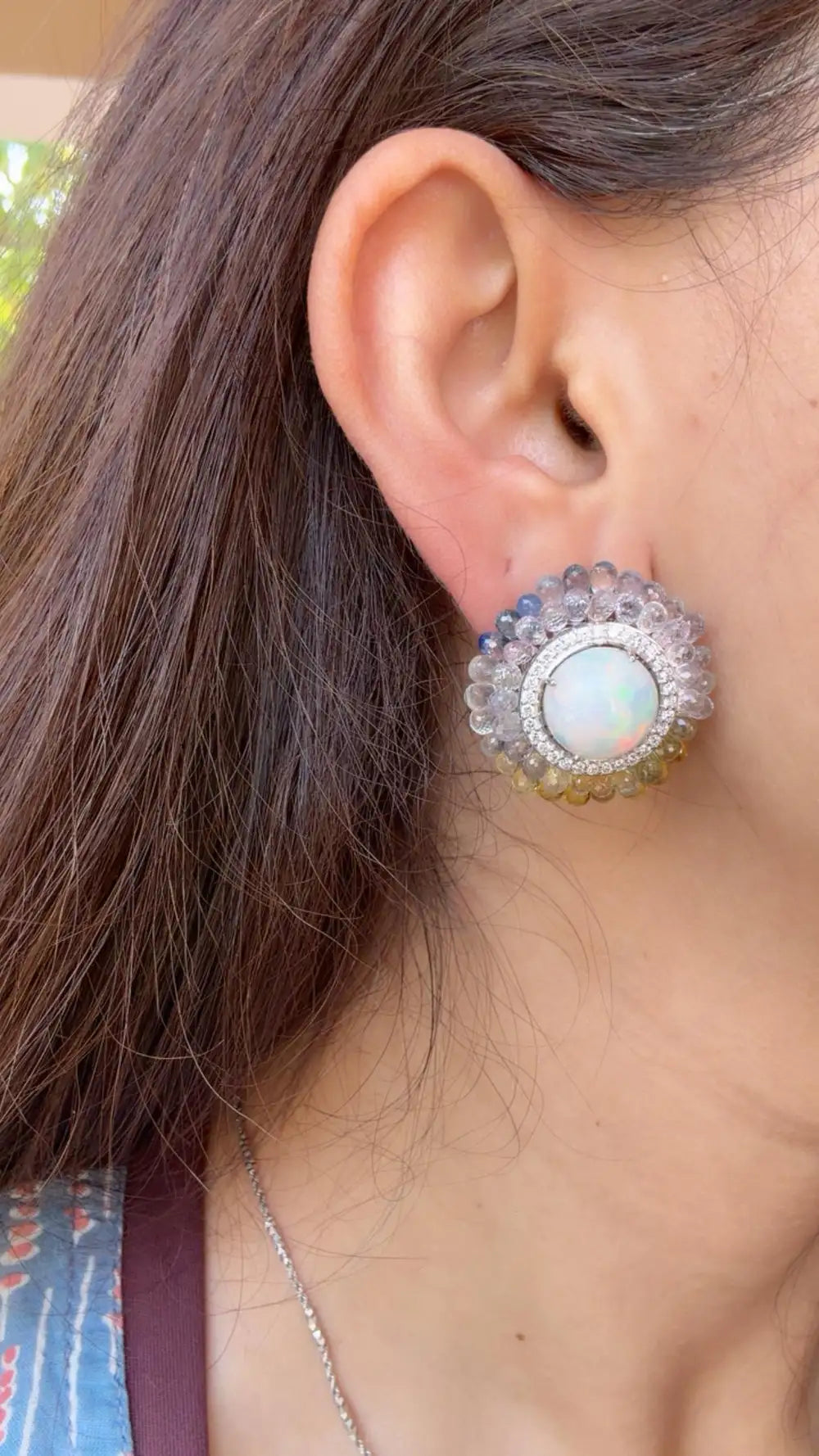 18k White Gold Diamond Stud Earrings - Natural Ethiopian Opal & Multi Sapphire Briolette Stud Earrings