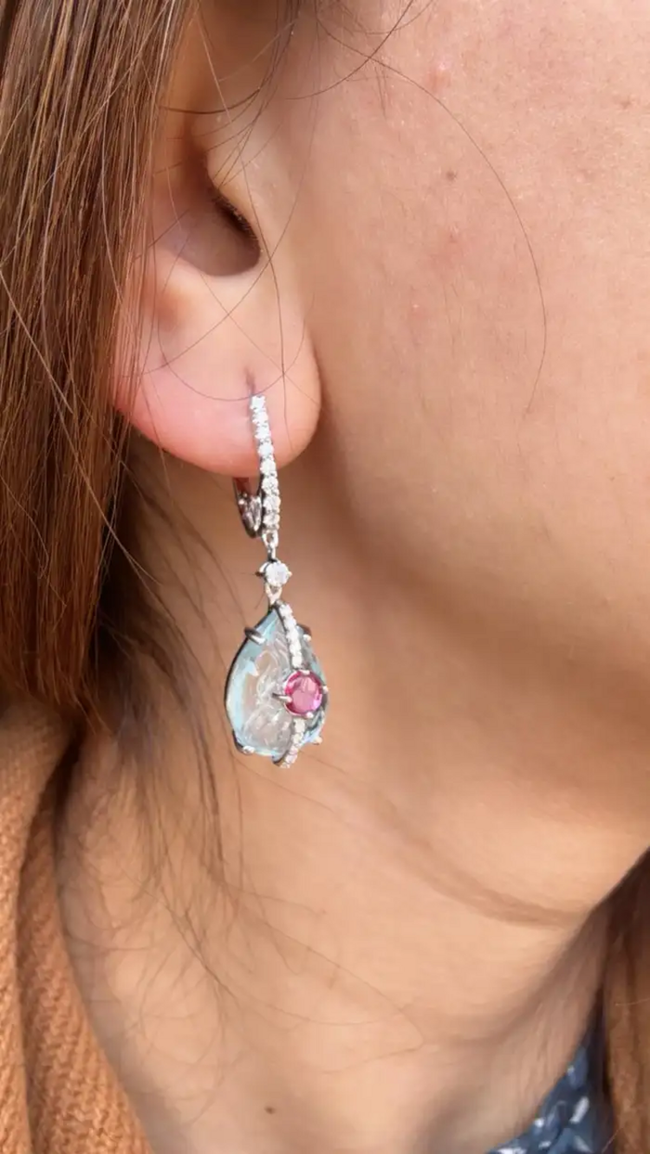 18k White Gold Diamond Dangle Earrings - Natural Ruby & Hand Carved Aquamarine Earrings Main Image