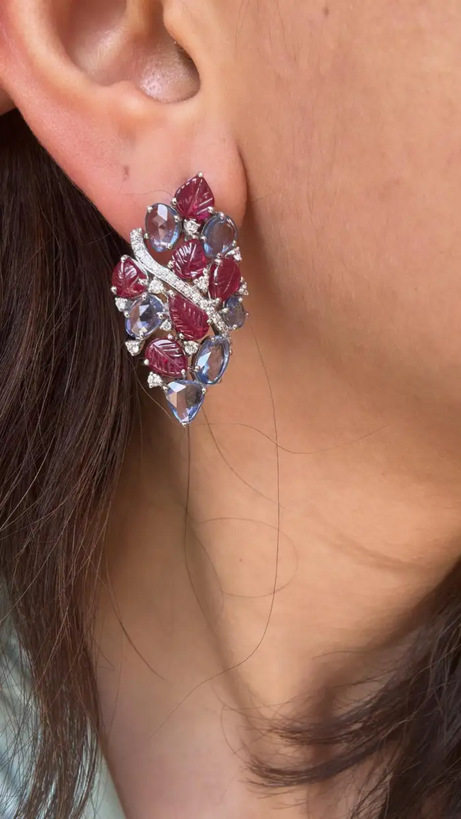 Natural Blue Sapphire & Diamond Earrings - 18k White Gold Carved Ruby Women Earrings Main Image