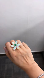 Ethiopian Opal & Zambian Emerald Floral Ring - 18k White Gold Diamond Ring