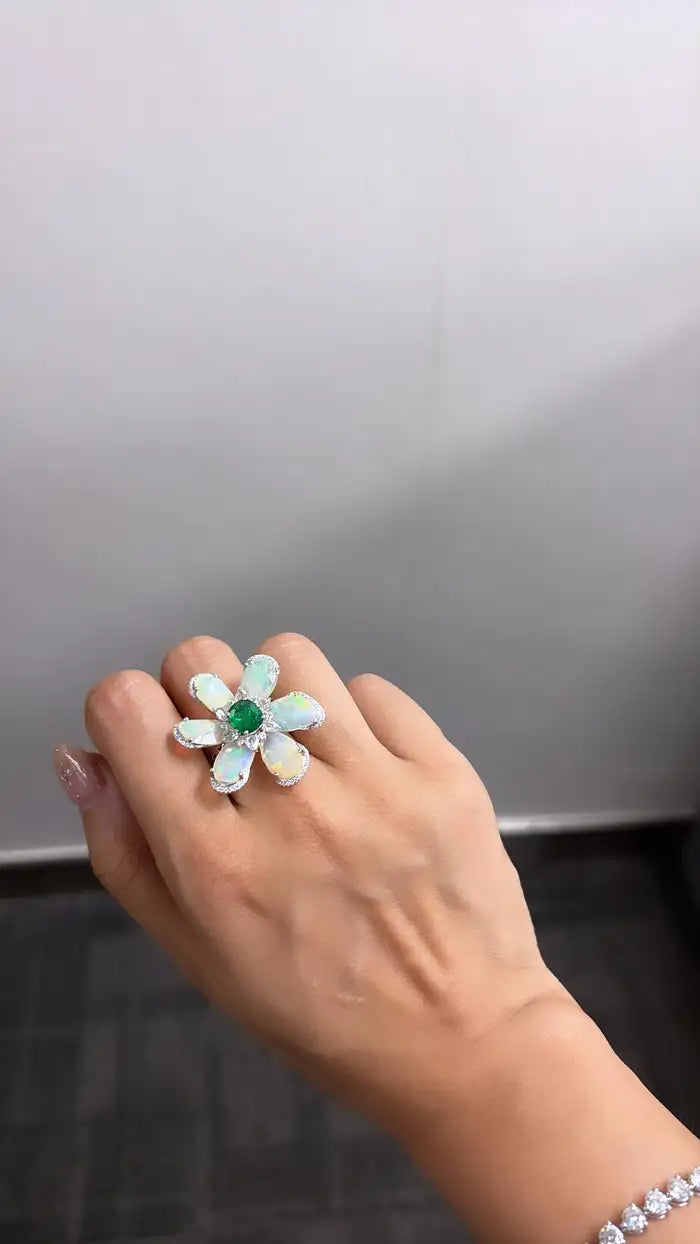 Ethiopian Opal & Zambian Emerald Floral Ring - 18k White Gold Diamond Ring