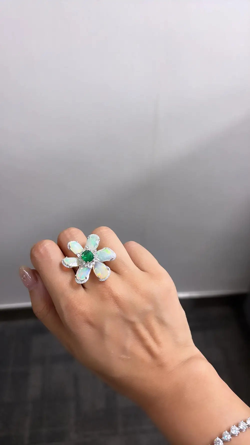 Ethiopian Opal & Zambian Emerald Gemstone Cocktail Ring - 18k White Gold Diamond Ring